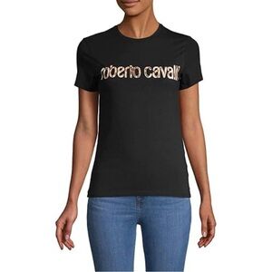 EUC Roberto Cavalli- Black T-Shirt with Animal Print Logo. Size M